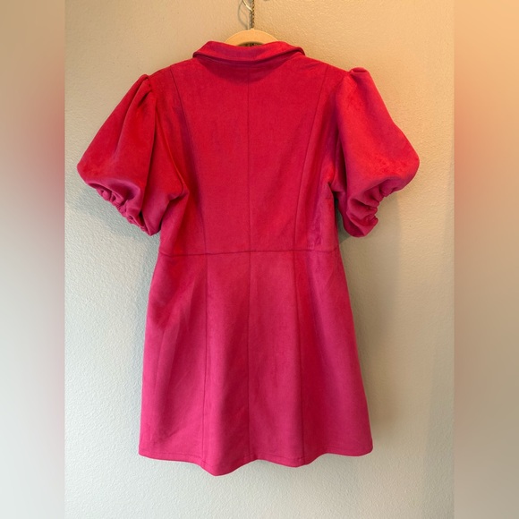 NWT THML Pink Suede Puff Sleeve Collared Button A-Line Dress M - Picture 6 of 6